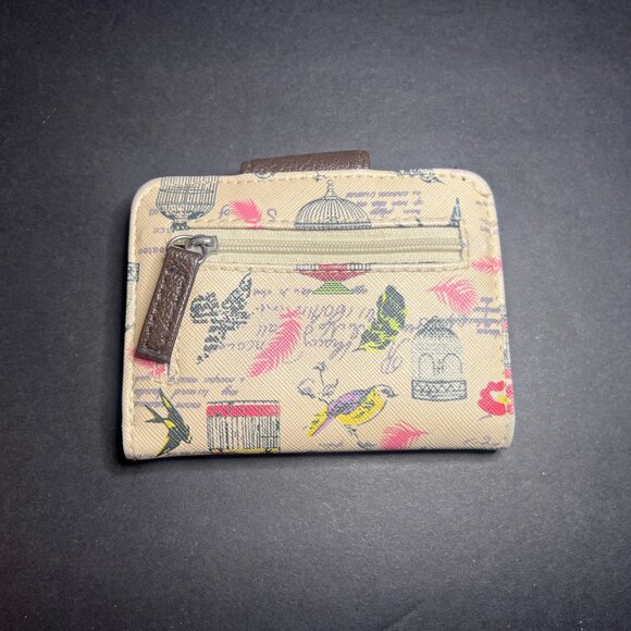 Women's Beautiful Beige & Brown Relic Birds & Bird Cage Print Bifold Wallet - Picture 3 of 7